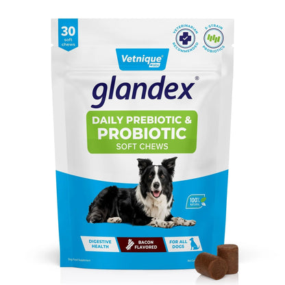 Vetnique Glandex Daily Probiotics for Dogs with Prebiotics to Support Gut Health with Fiber and Digestive Enzymes, Dog Probiotic Chews or Powders (30ct Chews, Bacon Chews) - Maple Wellness Supplements