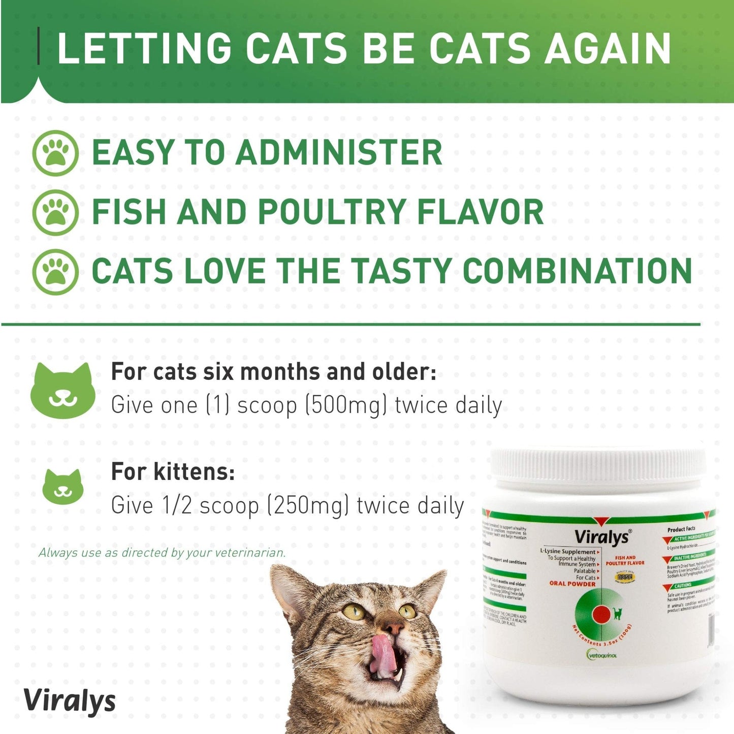 Vetoquinol Viralys Daily L-Lysine Powder for Cats and Kittens, Fish Flavored Lysine Supplement for Cats and Kittens to Support Immune Health - Maple Wellness Supplements