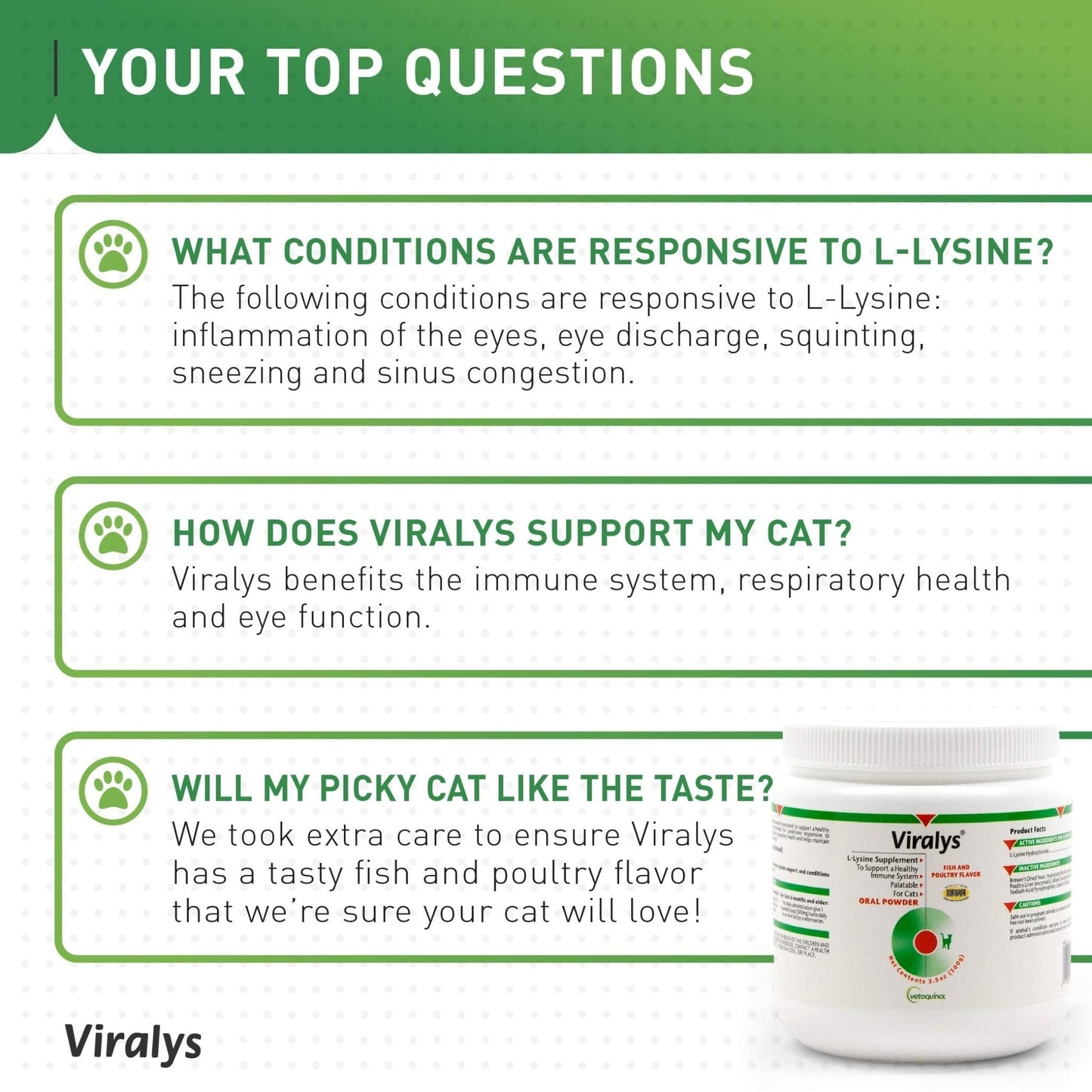 Vetoquinol Viralys Daily L-Lysine Powder for Cats and Kittens, Fish Flavored Lysine Supplement for Cats and Kittens to Support Immune Health - Maple Wellness Supplements