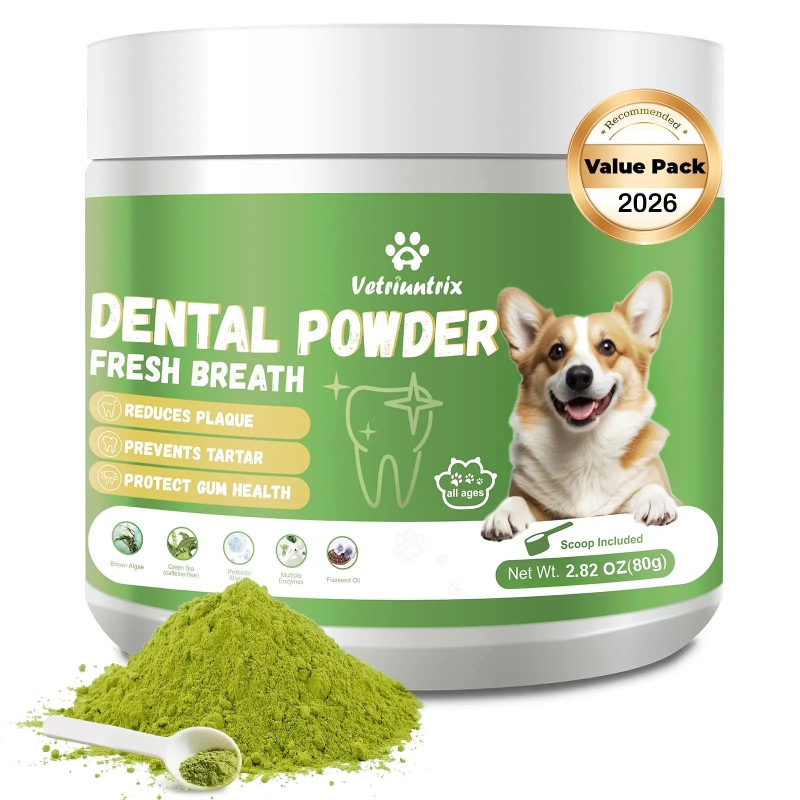 Vetriuntrix Dog Teeth Cleaning Powder, Dental Powder for Dogs Teeth Tartar Remove & Plaque Off, Fresh Breath for Dogs with Natural Plants Blend, Enzymes and Postbiotics, 80g - Maple Wellness Supplements