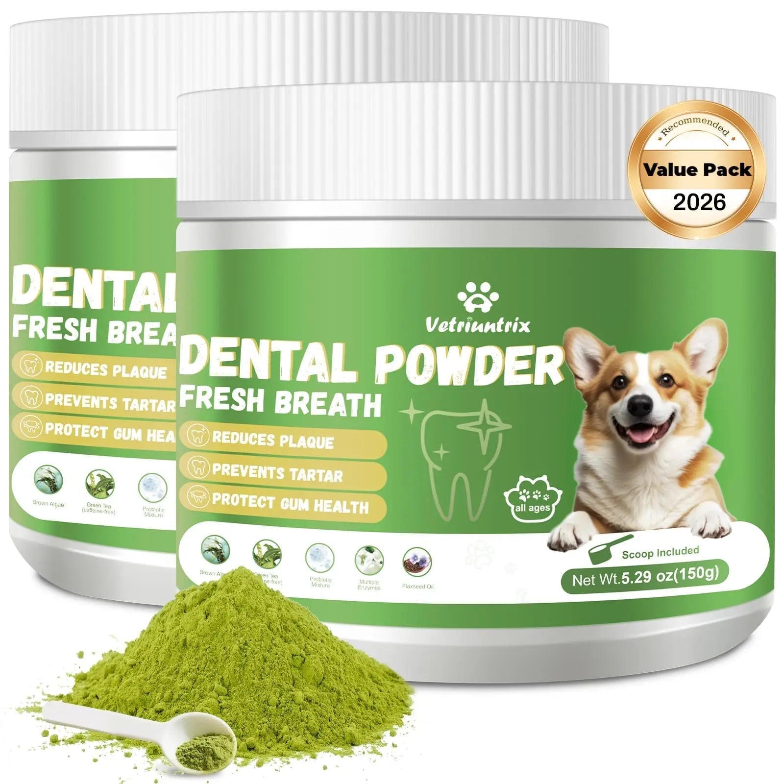 Vetriuntrix Dog Teeth Cleaning Powder, Dental Powder for Dogs Teeth Tartar Remove & Plaque Off, Fresh Breath for Dogs with Natural Plants Blend, Enzymes and Postbiotics, 300g - Maple Wellness Supplements