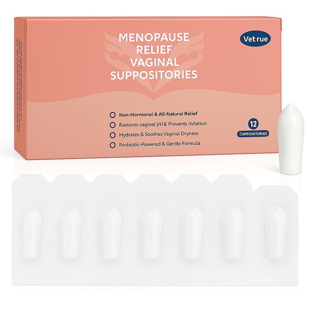 Vetrue Menopause Relief Vaginal Suppositories, Non-Hormonal, All-Natural Formula with Boric Acid, Hyaluronic Acid, Probiotics, Coconut Oil & Vitamin E, Soothes Vaginal Dryness & Discomfort(12 Inserts) - Maple Wellness Supplements