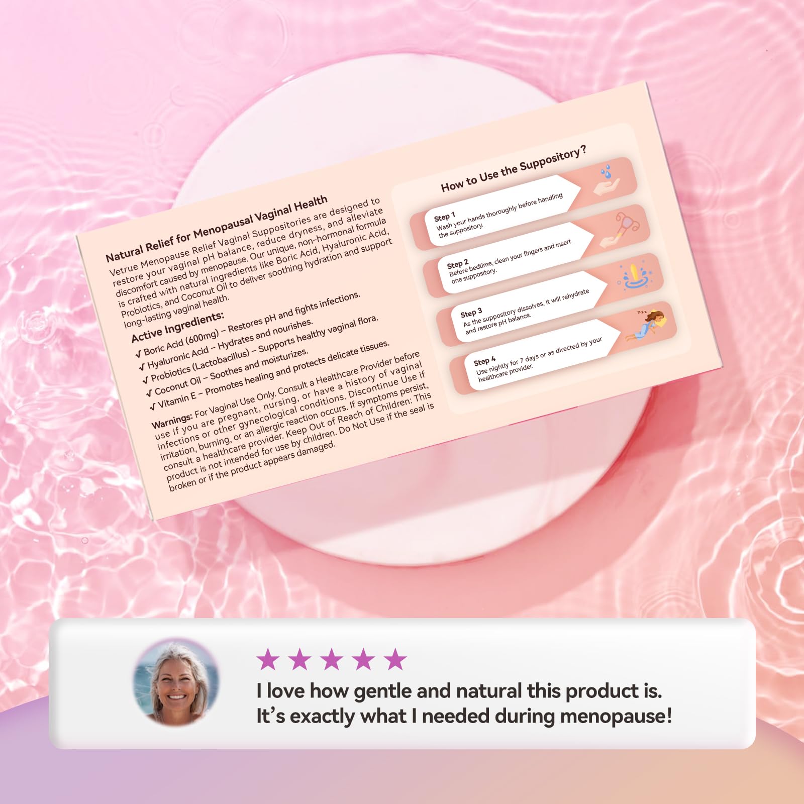 Vetrue Menopause Relief Vaginal Suppositories, Non-Hormonal, All-Natural Formula with Boric Acid, Hyaluronic Acid, Probiotics, Coconut Oil & Vitamin E, Soothes Vaginal Dryness & Discomfort(12 Inserts) - Maple Wellness Supplements