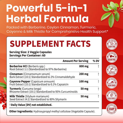VEV Berberine Supplement with Ceylon Cinnamon, Cayenne Pepper, Turmeric, Milk Thistle, Vegan & Non-GMO – 120 Capsules - Maple Wellness Supplements