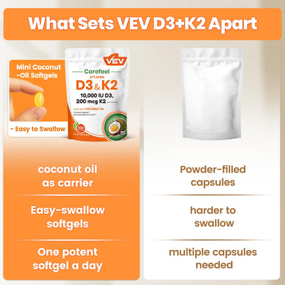 VEV Corefeel Vitamin D3 K2 10,000 IU, 200 mcg MK-7, 300 Coconut Oil Softgels, 2 in 1 Vitamins Supplement D & K (Include MK7), Easy to Swallow - Maple Wellness Supplements