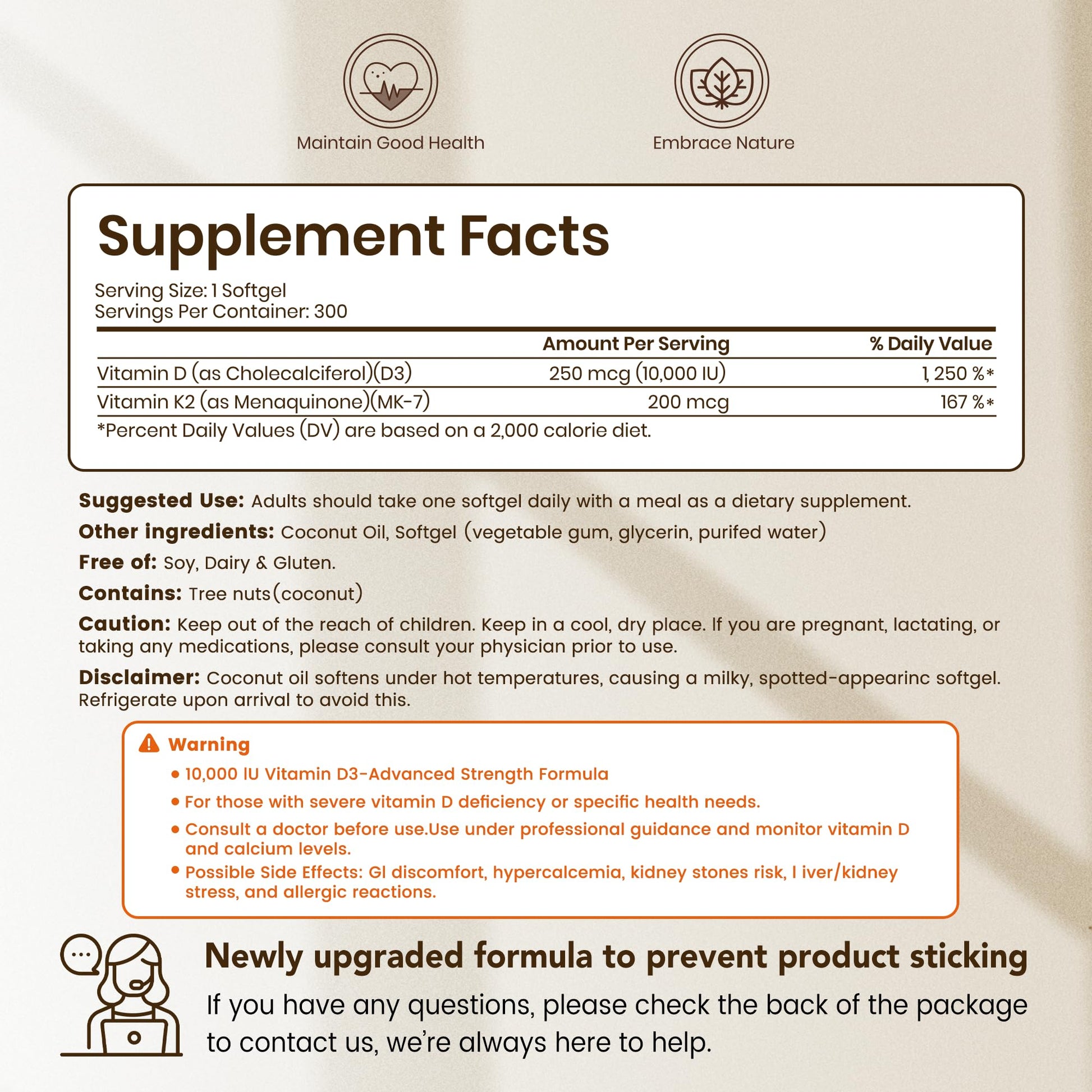VEV Corefeel Vitamin D3 K2 10,000 IU, 200 mcg MK-7, 300 Coconut Oil Softgels, 2 in 1 Vitamins Supplement D & K (Include MK7), Easy to Swallow - Maple Wellness Supplements