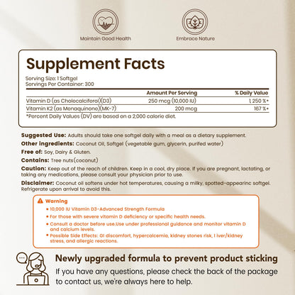 VEV Corefeel Vitamin D3 K2 10,000 IU, 200 mcg MK-7, 300 Coconut Oil Softgels, 2 in 1 Vitamins Supplement D & K (Include MK7), Easy to Swallow - Maple Wellness Supplements