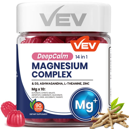 VEV Deep Calm Magnesium Complex 14-in-1 Gummies – 90 Count (Pack of 1) – with D3, Ashwagandha, L-theanine, Zinc – Magnesium Complex for Women and Men - Maple Wellness Supplements