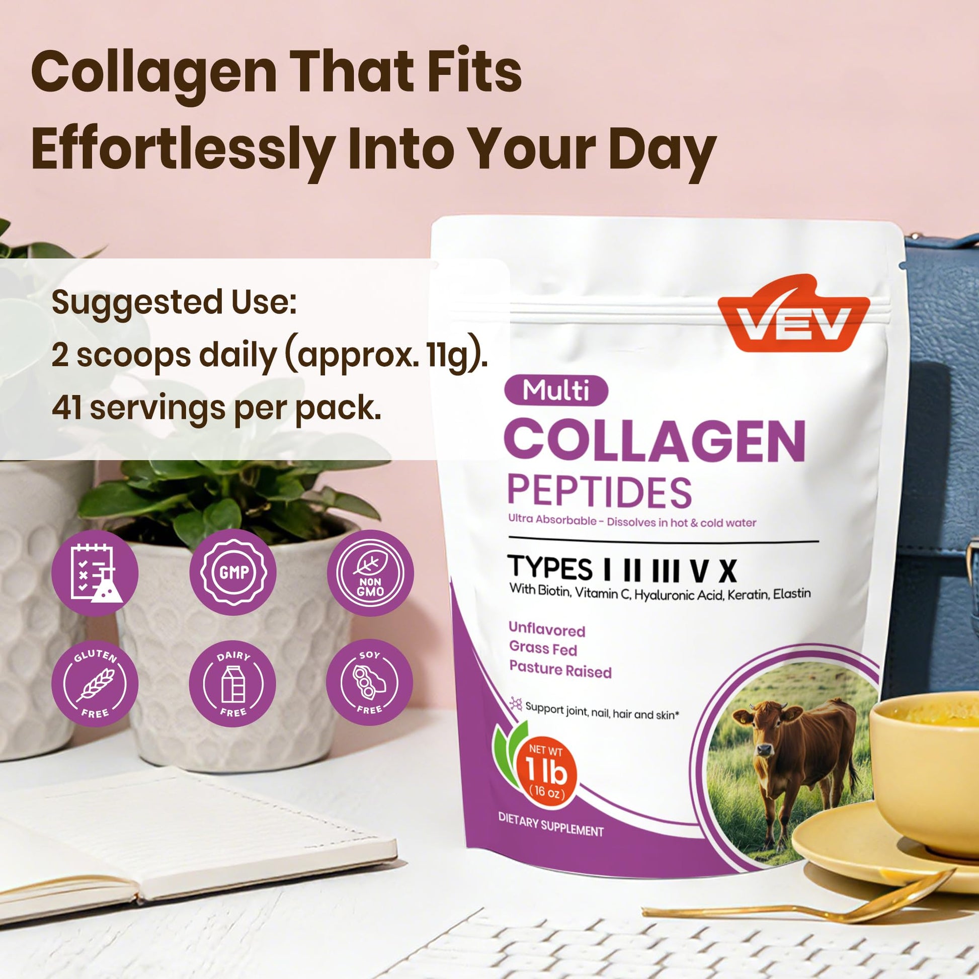VEV Multi Collagen Peptides Powder, 16 oz (41 Servings) – Type I, II, III, V, X, Hydrolyzed Collagen, Hyaluronic Acid, Biotin, Vitamin C - Maple Wellness Supplements