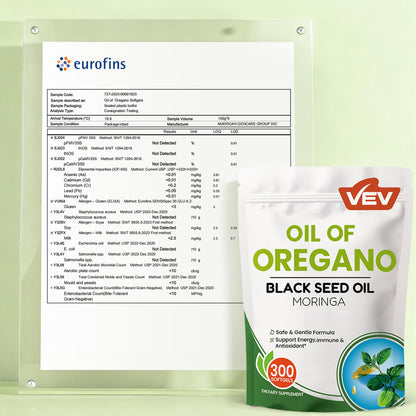 VEV Oil of Oregano with Black Seed Oil & Moringa, Organic, 300 Softgels, Aceite de Orégano, Carvacrol-Rich, Opaque Airtight Packaging - Maple Wellness Supplements