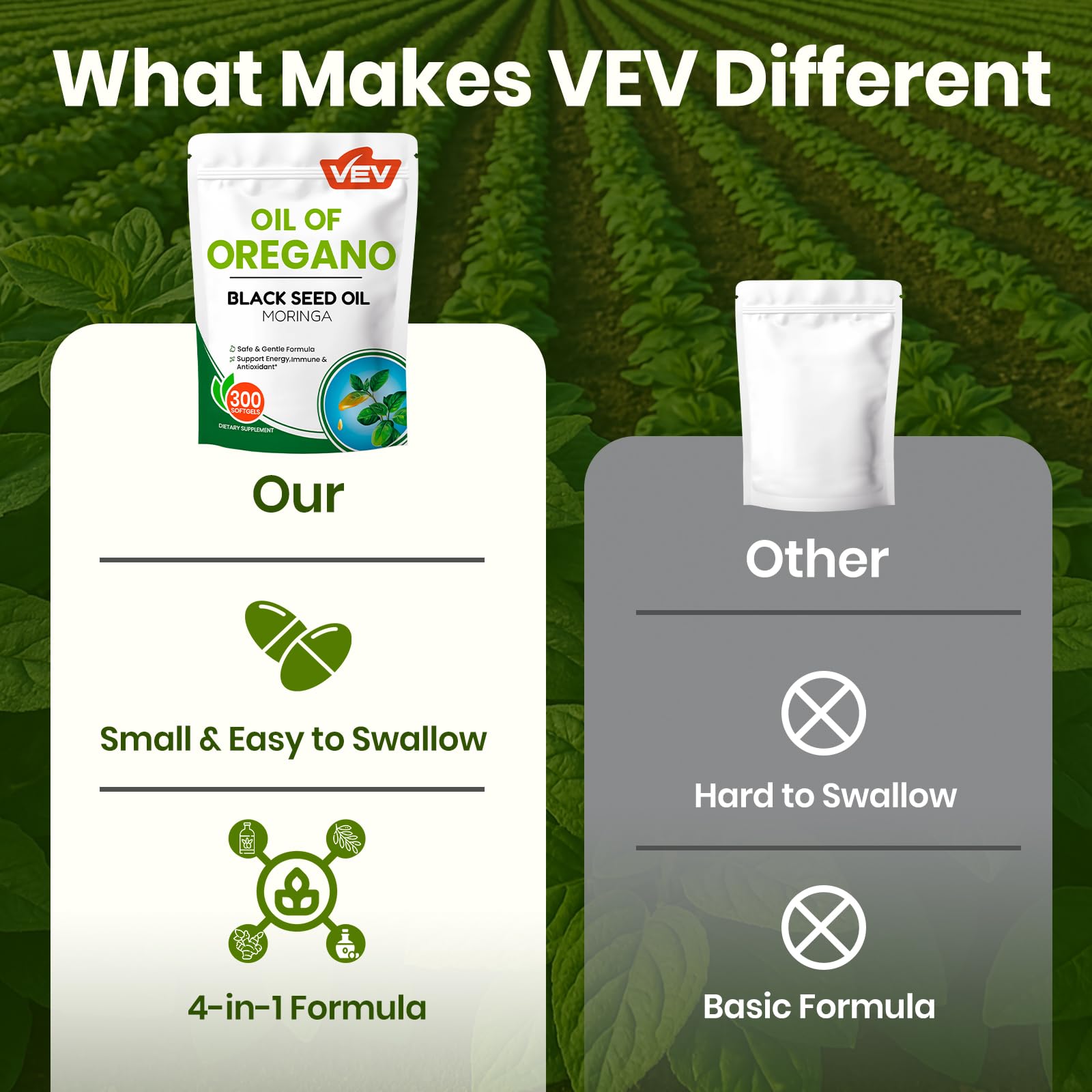 VEV Oil of Oregano with Black Seed Oil & Moringa, Organic, 300 Softgels, Aceite de Orégano, Carvacrol-Rich, Opaque Airtight Packaging - Maple Wellness Supplements
