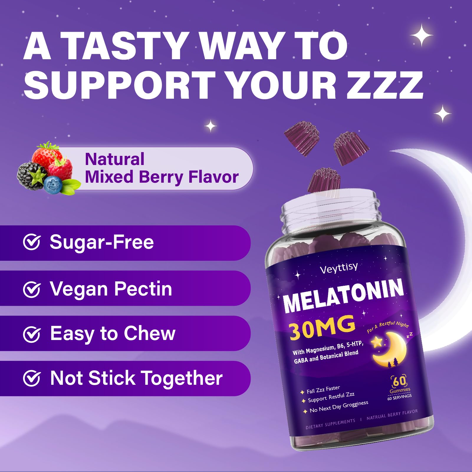 Veyttisy Melatonin 30mg Gummies for Adults - Sugar Free Melatonin Gummies Maximum Strength with Magnesium, B6, GABA & Botanical Blend - Non-Habit Forming,Vegan - Maple Wellness Supplements