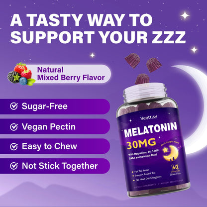 Veyttisy Melatonin 30mg Gummies for Adults - Sugar Free Melatonin Gummies Maximum Strength with Magnesium, B6, GABA & Botanical Blend - Non-Habit Forming,Vegan - Maple Wellness Supplements