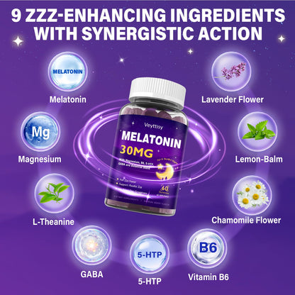 Veyttisy Melatonin 30mg Gummies for Adults - Sugar Free Melatonin Gummies Maximum Strength with Magnesium, B6, GABA & Botanical Blend - Non-Habit Forming,Vegan - Maple Wellness Supplements