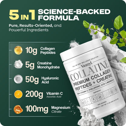 Vezzyl - Collatine - Premium Collagen Peptides + Creatine with Vitamin C, Hyaluronic Acid and Magnesium for Skin, Hair, Nails, Bone & Joint, Muscle, Immune and Cognitive Aid (.55 LB (250 G/8.8 OZ) - Maple Wellness Supplements