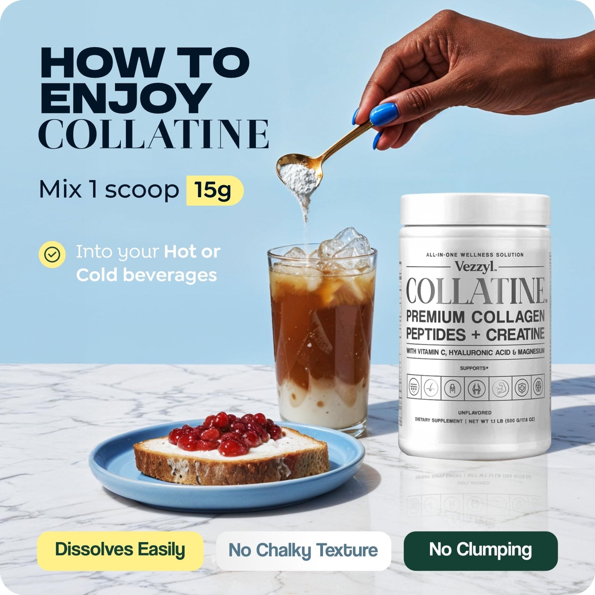 Vezzyl - Collatine - Premium Collagen Peptides + Creatine with Vitamin C, Hyaluronic Acid and Magnesium for Skin, Hair, Nails, Bone & Joint, Muscle, Immune and Cognitive Aid (.55 LB (250 G/8.8 OZ) - Maple Wellness Supplements