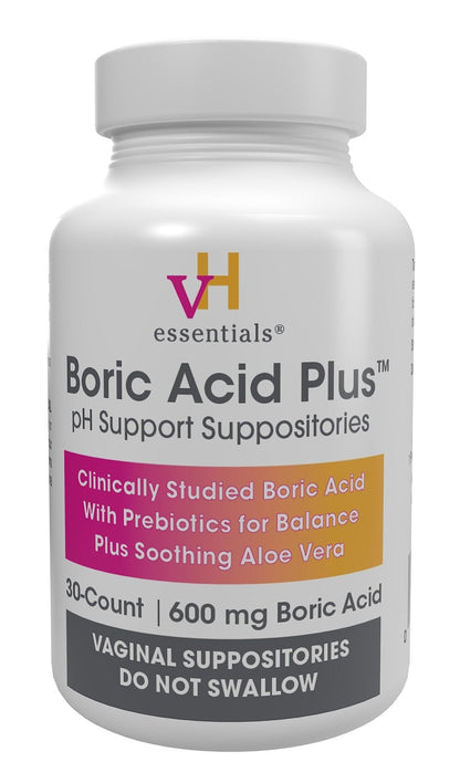 vH Essentials Boric Acid Plus Vaginal Suppositories, Prebiotic Infused with Soothing Aloe Vera, pH Support Formula Fights Odor and Promotes Freshness, 600mg Boric Acid, 30 Count - Maple Wellness Supplements