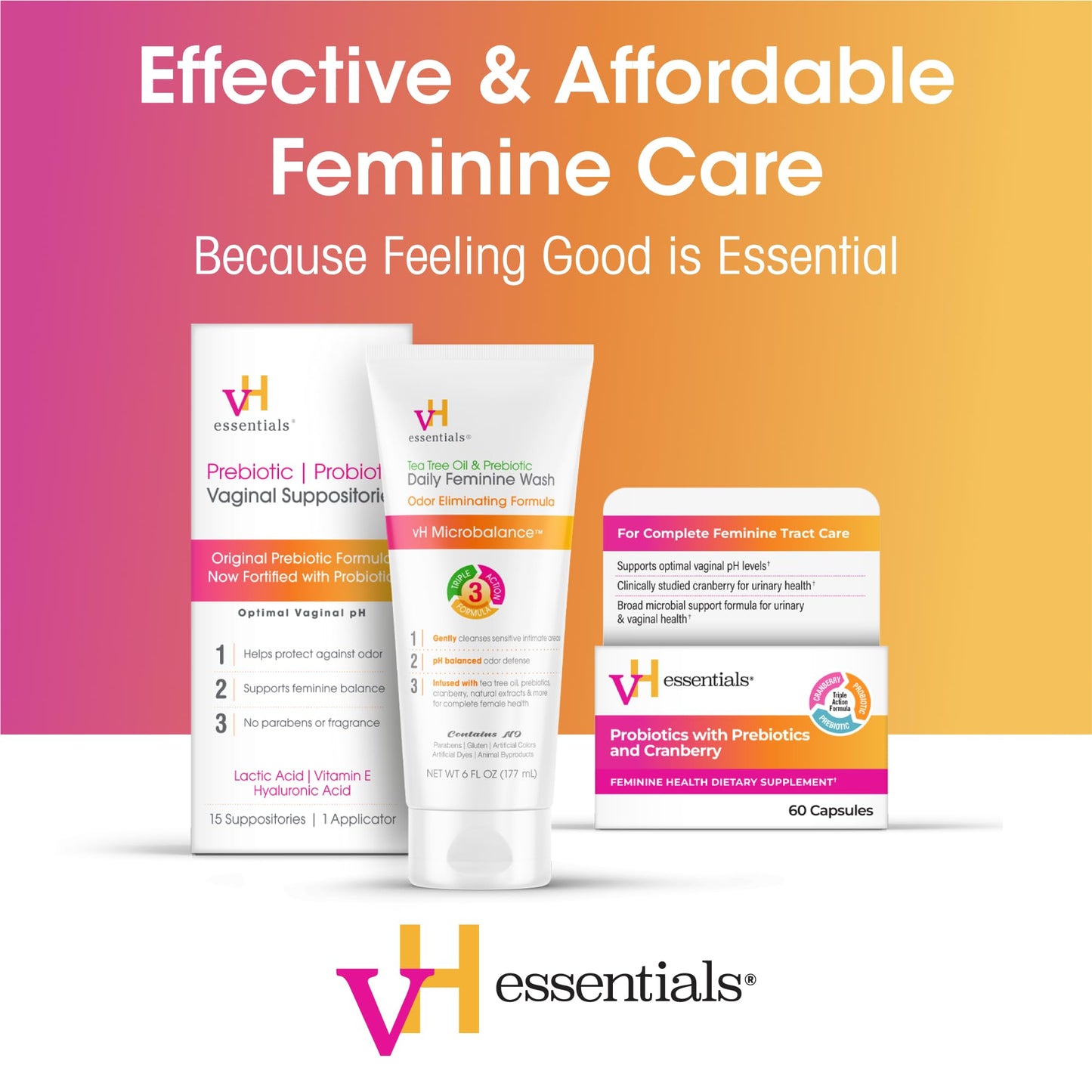 vH Essentials Boric Acid Plus Vaginal Suppositories, Prebiotic Infused with Soothing Aloe Vera, pH Support Formula Fights Odor and Promotes Freshness, 600mg Boric Acid, 30 Count - Maple Wellness Supplements