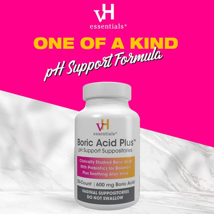 vH Essentials Boric Acid Plus Vaginal Suppositories, Prebiotic Infused with Soothing Aloe Vera, pH Support Formula Fights Odor and Promotes Freshness, 600mg Boric Acid, 30 Count - Maple Wellness Supplements