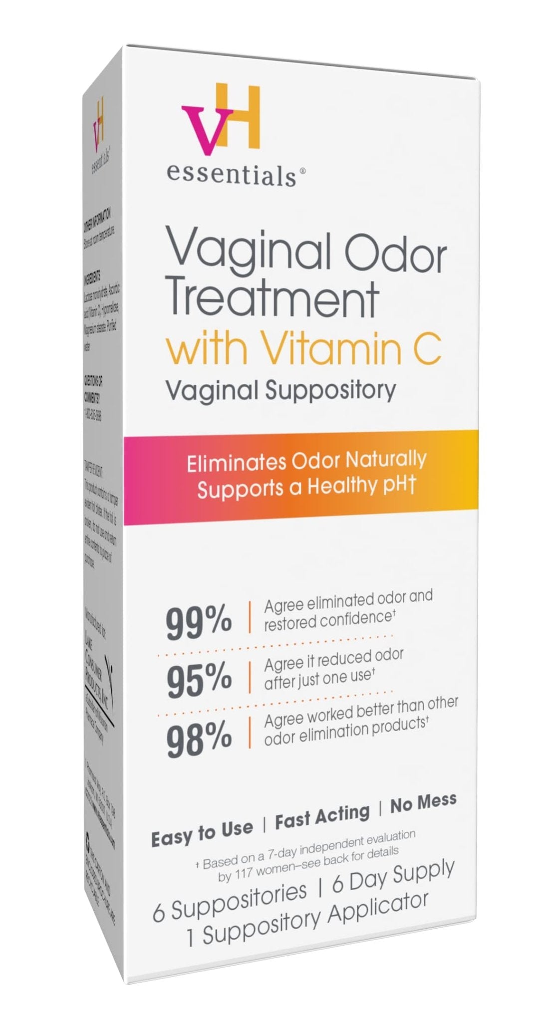 vH Essentials Vaginal Odor Treatment with Vitamin C, Boric Acid Suppositories Alternative, Supports Balanced pH, Eliminates Naturally, Suppositories, 6 w/Applicator, White - Maple Wellness Supplements