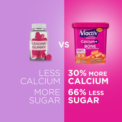 Viactiv Calcium + Vitamin D Supplement Soft Chews for Women & Men - Chewable Calcium for Bone Health Support, 650 mg per Serving, Vitamin D & K for High Absorption - 60 Count, Caramel - Maple Wellness Supplements