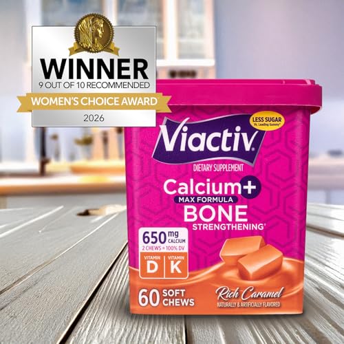 Viactiv Calcium + Vitamin D Supplement Soft Chews for Women & Men - Chewable Calcium for Bone Health Support, 650 mg per Serving, Vitamin D & K for High Absorption - 60 Count, Caramel - Maple Wellness Supplements