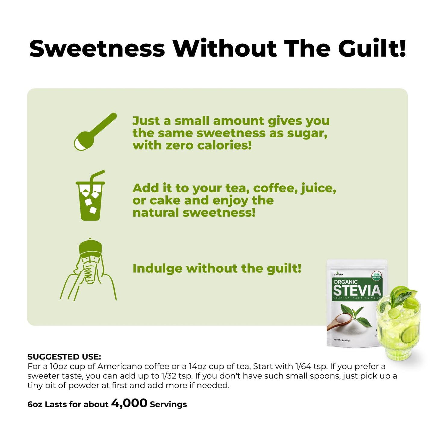 Viccoky Organic Stevia Powder 6oz (171g), Pure Stevia Extract Powder, Sugar-Free & 0 Calories, No Additives - Maple Wellness Supplements