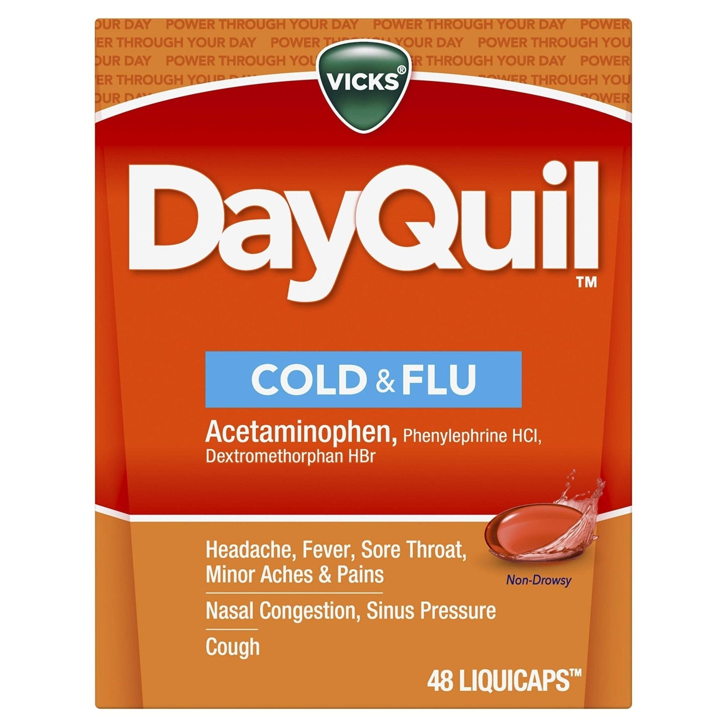 Vicks DayQuil Cold & Flu Medicine, Non-Drowsy Powerful Multi-Symptom Daytime Relief for Headache, Fever, Sore Throat, Minor Aches and Pains, Nasal Congestion, Sinus Pressure and Cough, 48 Liquicaps - Maple Wellness Supplements