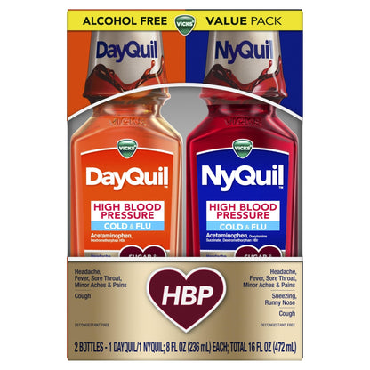 VICKS DayQuil & NyQuil High Blood Pressure Cold & Flu Relief Liquid Medicine Co-Pack, Powerful Multi-Symptom Daytime & Nighttime Relief for Cold, Cough, and Flu Symptoms, Sugar & Alcohol Free, 2x8oz - Maple Wellness Supplements