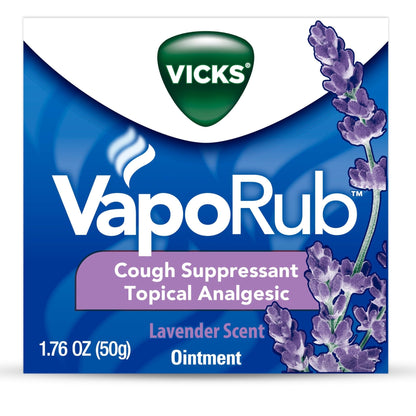 Vicks VapoRub, Lavender Scent, Cough Suppressant, Topical Chest Rub & Analgesic Ointment, Medicated Vicks Vapors, Relief from Cough Due to Cold, Aches & Pains, 1.76oz - Maple Wellness Supplements