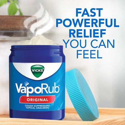 Vicks VapoRub, Original, Cough Suppressant, Topical Chest Rub & Analgesic Ointment, Medicated Vicks Vapors, Relief from Cough Due to Cold, Aches & Pains, 1.76oz each (pack of 3) - Maple Wellness Supplements