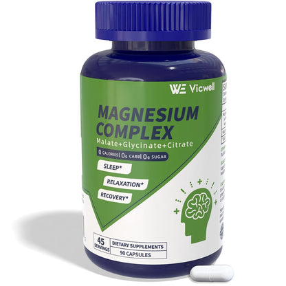 Vicwell Triple Magnesium Complex - 300mg Magnesium from Malate, Glycinate, and Citrate - Supports Stress Relief & Sleep, Nerves & Metabolism, Muscle Relaxation & Bone Health - 90 Capsules(1 Bottle) - Maple Wellness Supplements