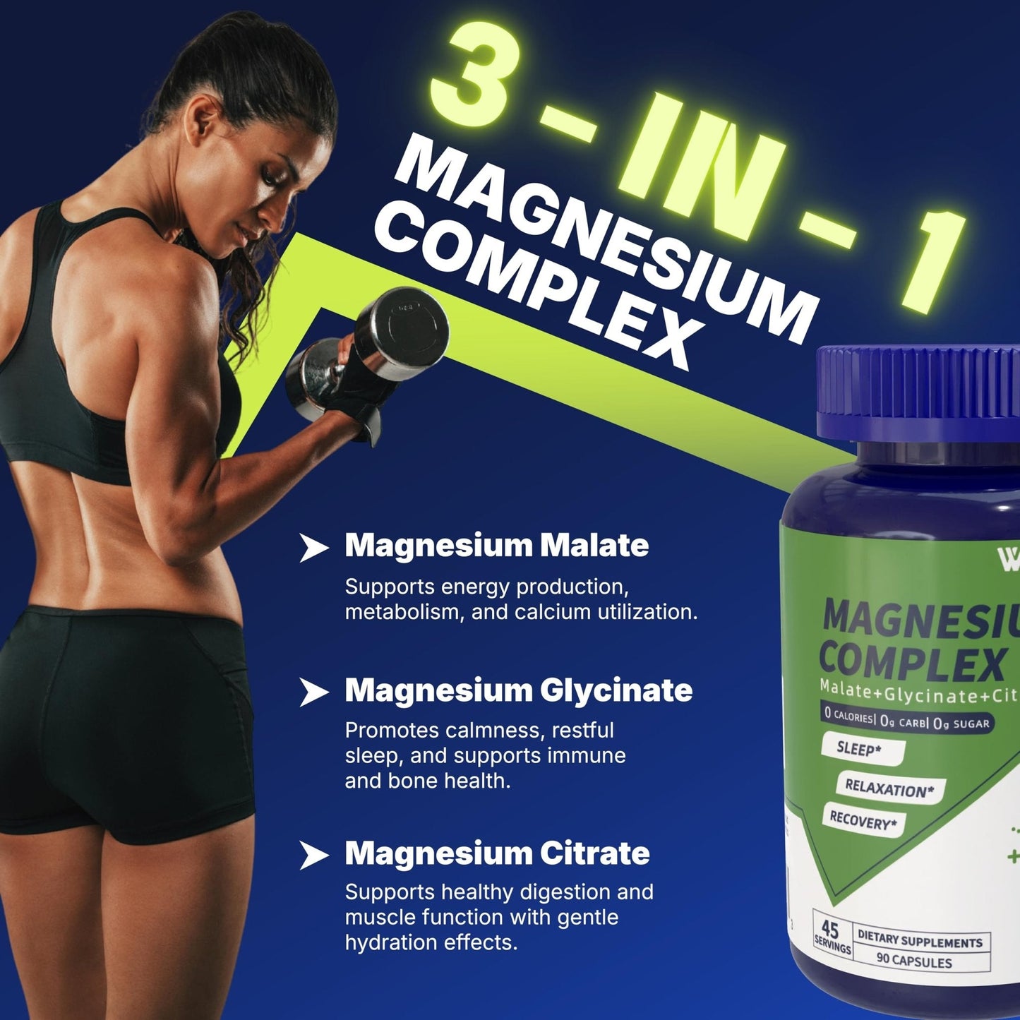 Vicwell Triple Magnesium Complex - 300mg Magnesium from Malate, Glycinate, and Citrate - Supports Stress Relief & Sleep, Nerves & Metabolism, Muscle Relaxation & Bone Health - 90 Capsules(1 Bottle) - Maple Wellness Supplements