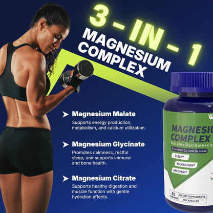 Vicwell Triple Magnesium Complex - 300mg Magnesium from Malate, Glycinate, and Citrate - Supports Stress Relief & Sleep, Nerves & Metabolism, Muscle Relaxation & Bone Health - 90 Capsules(1 Bottle) - Maple Wellness Supplements