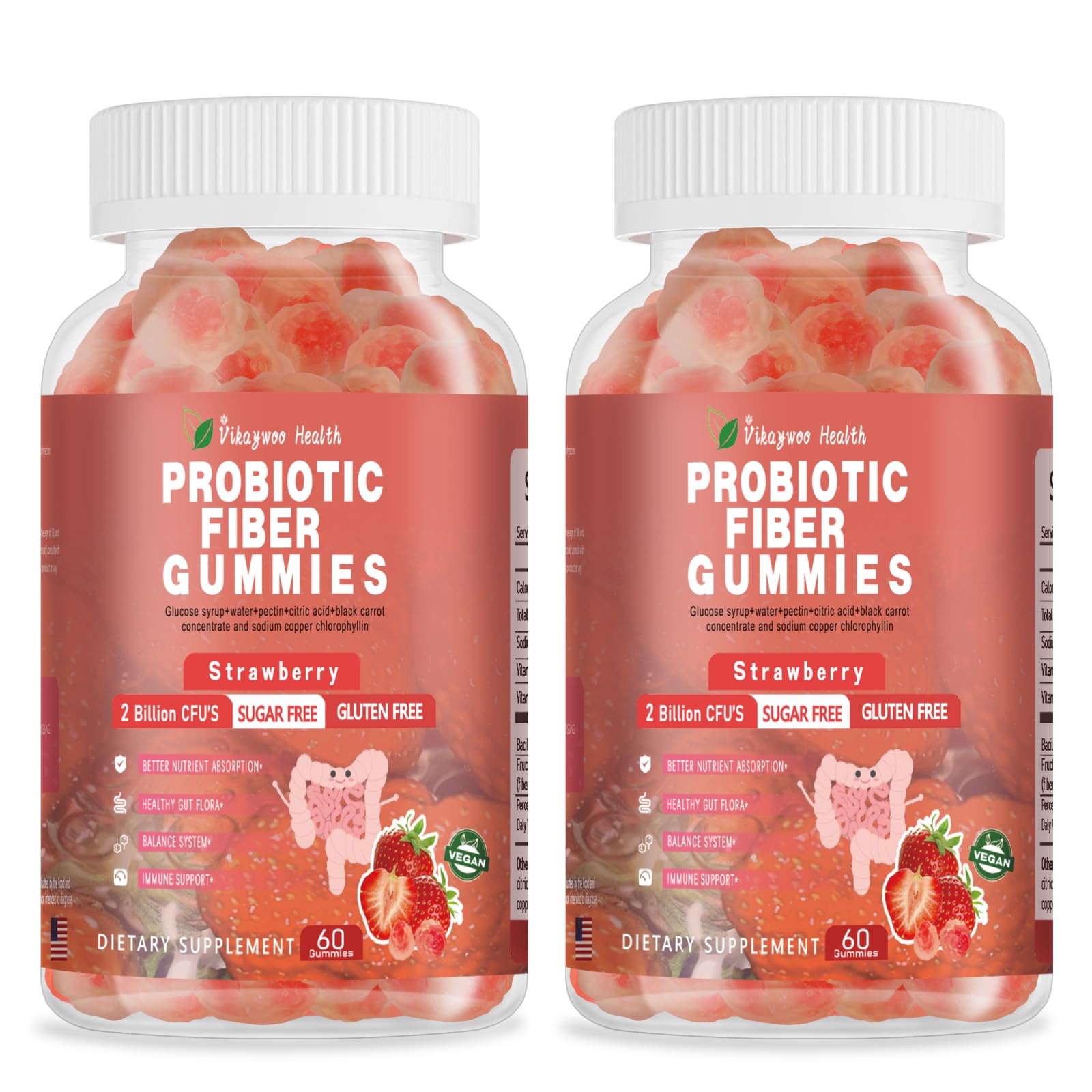 Vikaywoo Probiotic Fiber Gummies for Adults, No Sugar Added Strawberry Flavor– 2 Billion CFUs –Vitamin C,Vitamin D–Digestive Health & Regularity Support(120 Count) - Maple Wellness Supplements