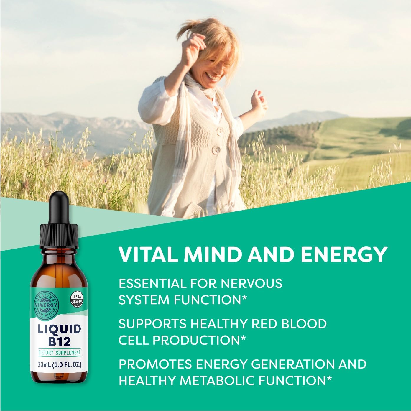 Vimergy USDA Organic Liquid Vitamin B12 Supplement 2500 mcg, Methylcobalamin & Adenosylcobalamin Fast-Absorbing Energy Support, Vegan, Non-GMO B12 Vitamins - Maple Wellness Supplements