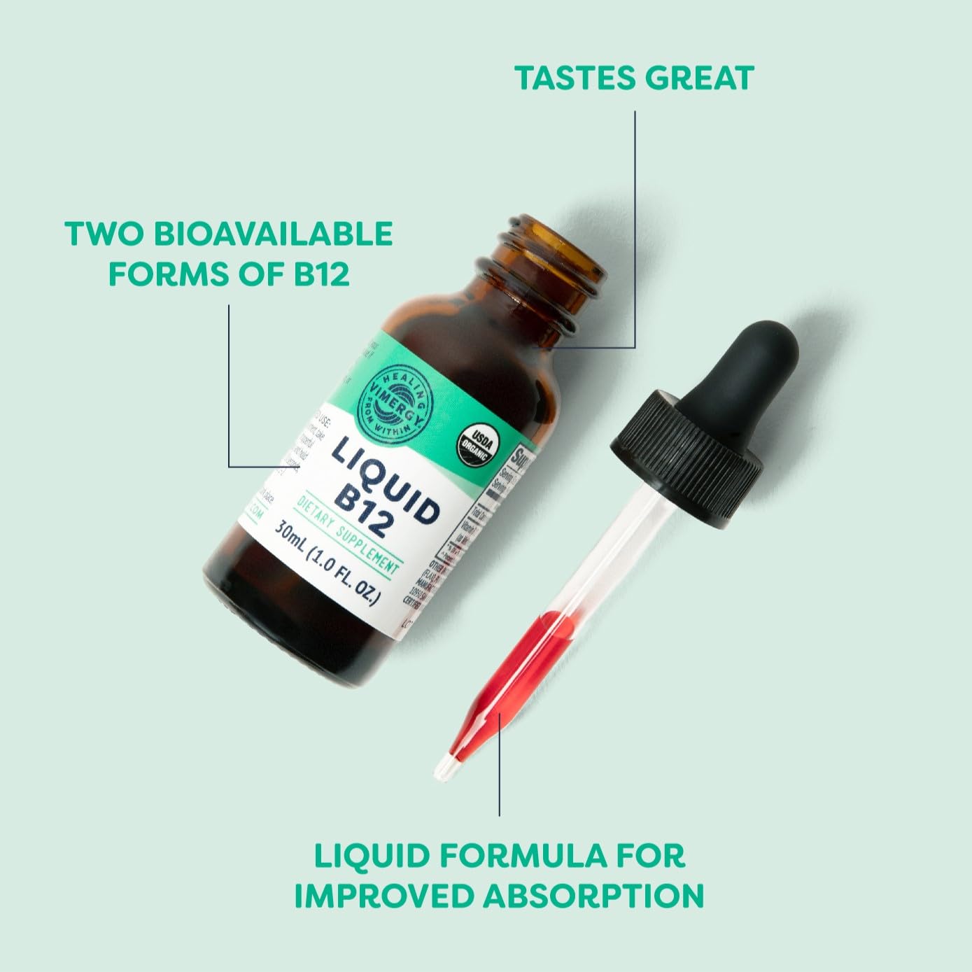 Vimergy USDA Organic Liquid Vitamin B12 Supplement 2500 mcg, Methylcobalamin & Adenosylcobalamin Fast-Absorbing Energy Support, Vegan, Non-GMO B12 Vitamins - Maple Wellness Supplements