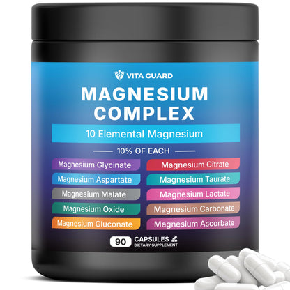 Vita Guard Magnesium Complex 1480mg – 10-in-1 with Glycinate, Citrate, Malate & More – High Absorption – Sleep, Muscle, Nerve & Heart Support – 90 Vegan Capsules – Non-GMO, Gluten-Free, No Sugar - Maple Wellness Supplements