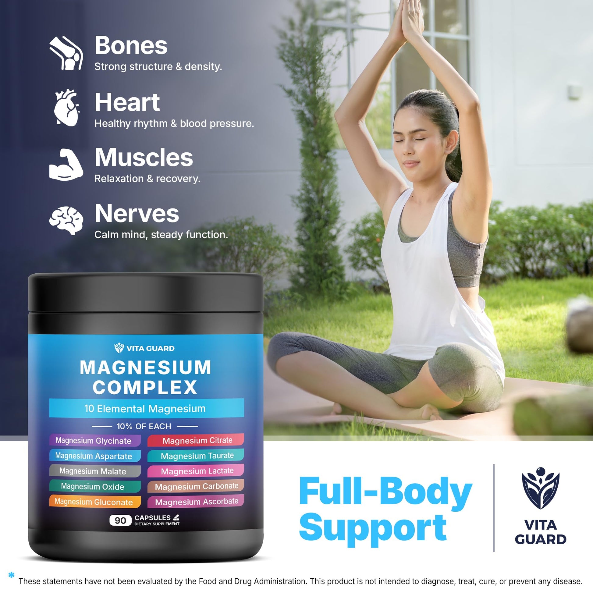 Vita Guard Magnesium Complex 1480mg – 10-in-1 with Glycinate, Citrate, Malate & More – High Absorption – Sleep, Muscle, Nerve & Heart Support – 90 Vegan Capsules – Non-GMO, Gluten-Free, No Sugar - Maple Wellness Supplements