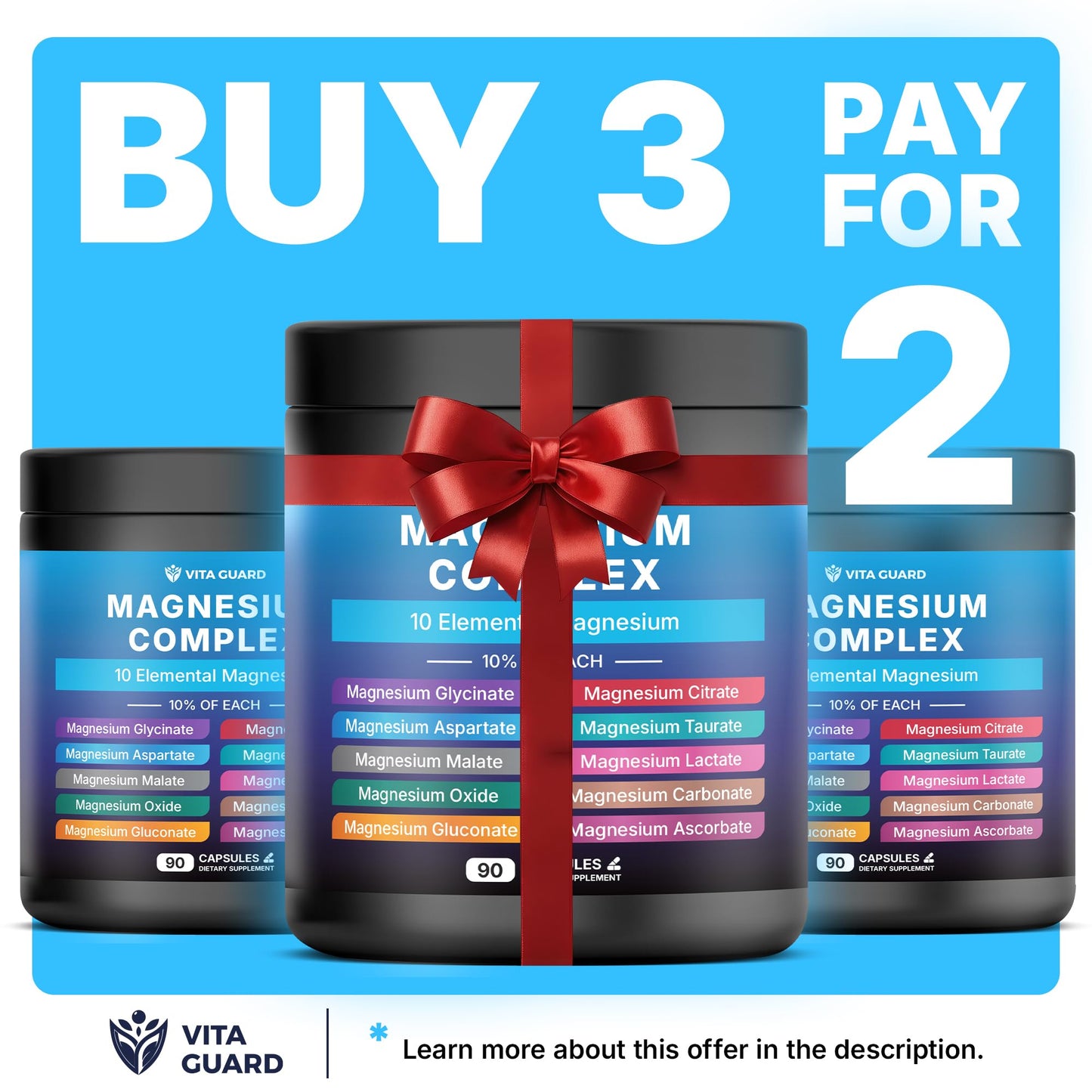 Vita Guard Magnesium Complex 1480mg – 10-in-1 with Glycinate, Citrate, Malate & More – High Absorption – Sleep, Muscle, Nerve & Heart Support – 90 Vegan Capsules – Non-GMO, Gluten-Free, No Sugar - Maple Wellness Supplements