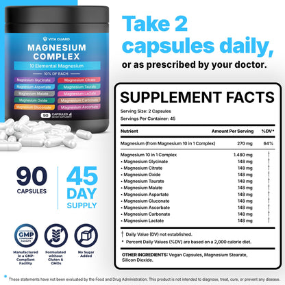 Vita Guard Magnesium Complex 1480mg – 10-in-1 with Glycinate, Citrate, Malate & More – High Absorption – Sleep, Muscle, Nerve & Heart Support – 90 Vegan Capsules – Non-GMO, Gluten-Free, No Sugar - Maple Wellness Supplements