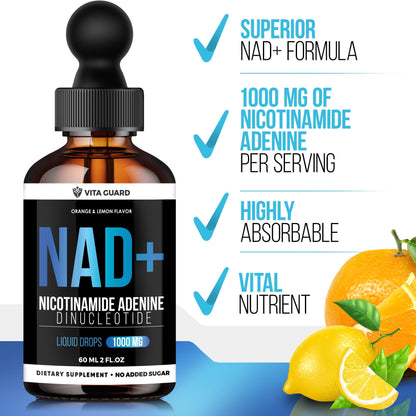Vita Guard Pure NAD+ Supplements 1000mg Liquid Drops for Women & Man | Nicotinamide Adenine Similar to Nicotinamide Riboside NAD Plus Boosting Supplement - Natural Lemon & Orange Flavor - Maple Wellness Supplements
