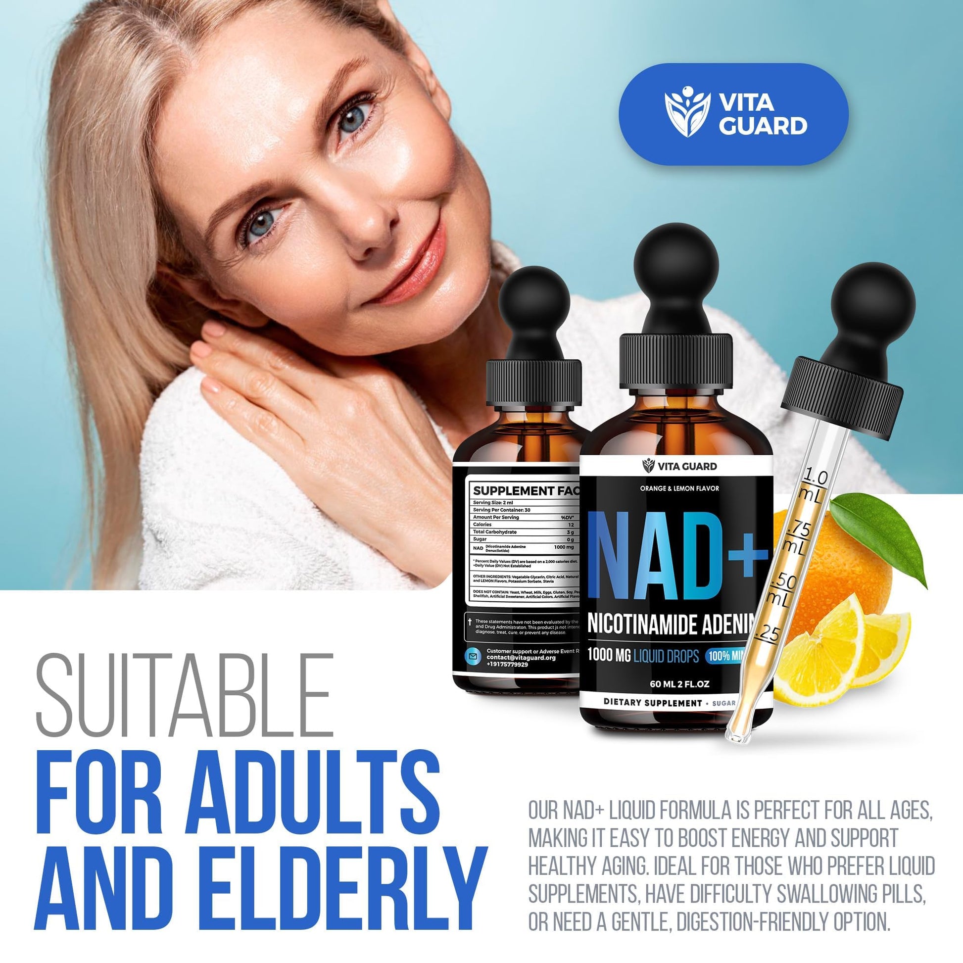 Vita Guard Pure NAD+ Supplements 1000mg Liquid Drops for Women & Man | Nicotinamide Adenine Similar to Nicotinamide Riboside NAD Plus Boosting Supplement - Natural Lemon & Orange Flavor - Maple Wellness Supplements