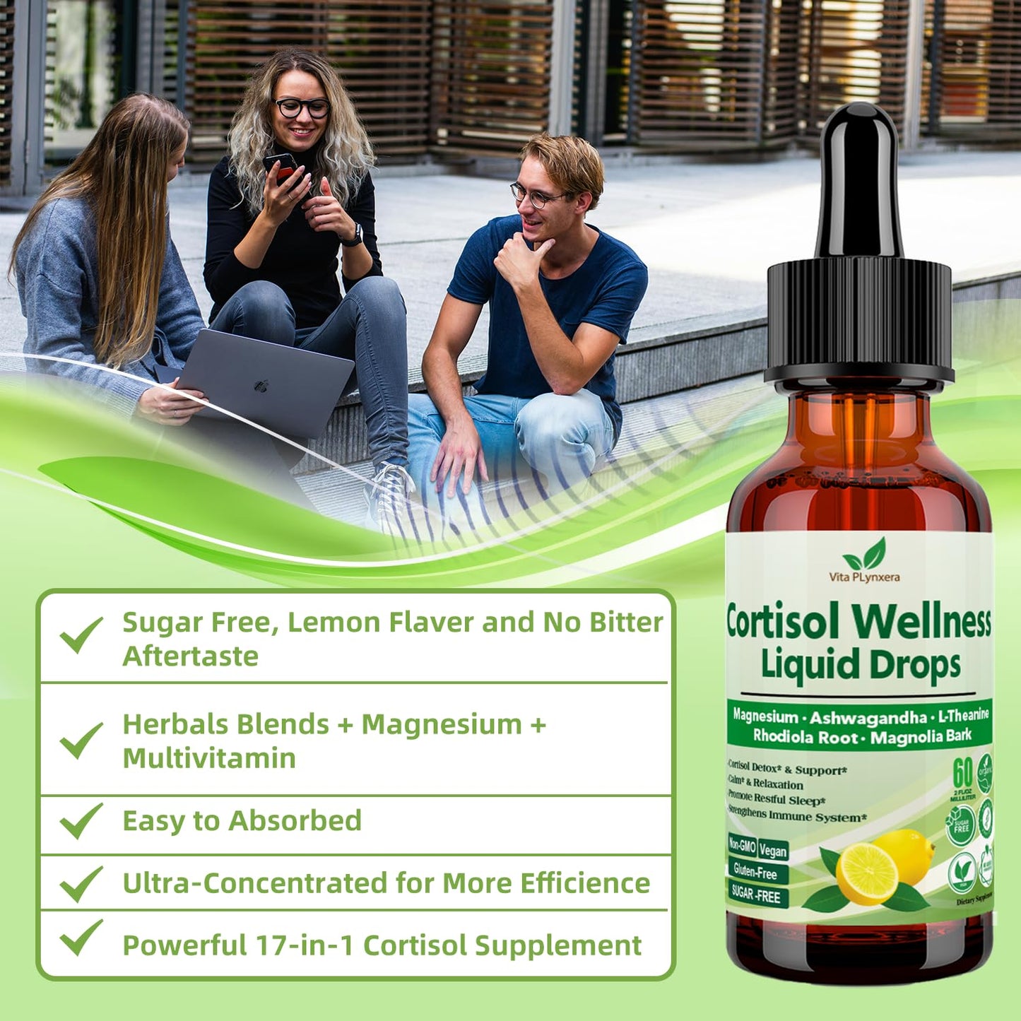 Vita PLynxera Cortisol Supplement Liquid Drops, 17-in-1 Cortisol Detox w. Magnesium Glycinate 400mg Ashwagandha, L-Theanine, Phosphatidylserine, Hormone Balanced - Maple Wellness Supplements