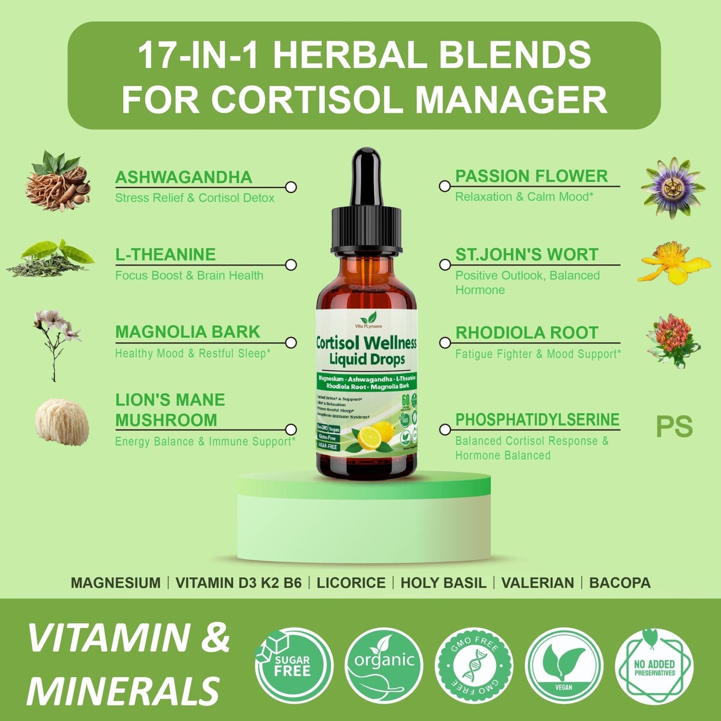 Vita PLynxera Cortisol Supplement Liquid Drops, 17-in-1 Cortisol Detox w. Magnesium Glycinate 400mg Ashwagandha, L-Theanine, Phosphatidylserine, Hormone Balanced - Maple Wellness Supplements