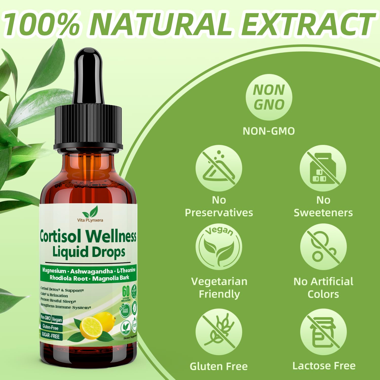 Vita PLynxera Cortisol Supplement Liquid Drops, 17-in-1 Cortisol Detox w. Magnesium Glycinate 400mg Ashwagandha, L-Theanine, Phosphatidylserine, Hormone Balanced - Maple Wellness Supplements