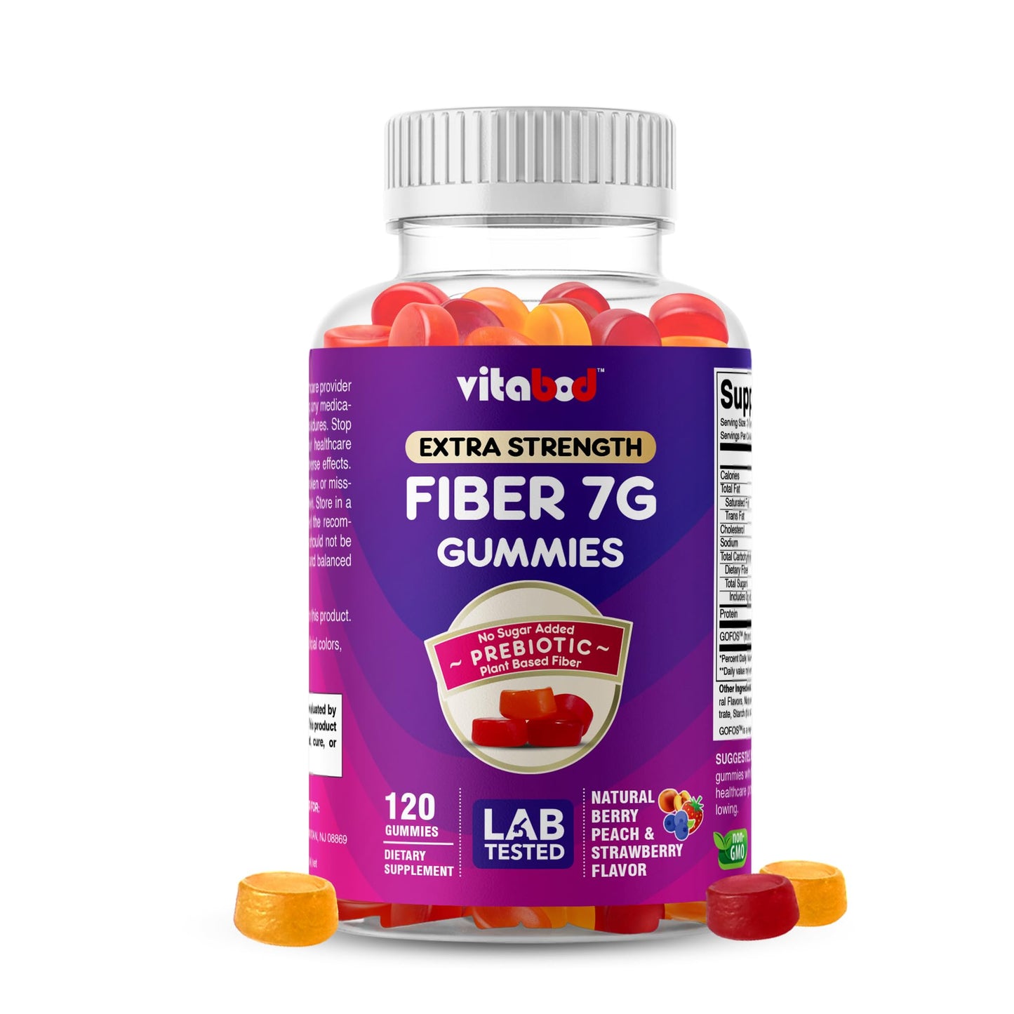 Vitabod Fiber Gummies 7G Per Serving for Digestive Health & Regularity, Prebiotic GOFOS™ Plant-Based Fiber, No Sugar Added, Vegan, Berry Peach Strawberry, 120 Gummies (Adults, Women & Men) - Maple Wellness Supplements