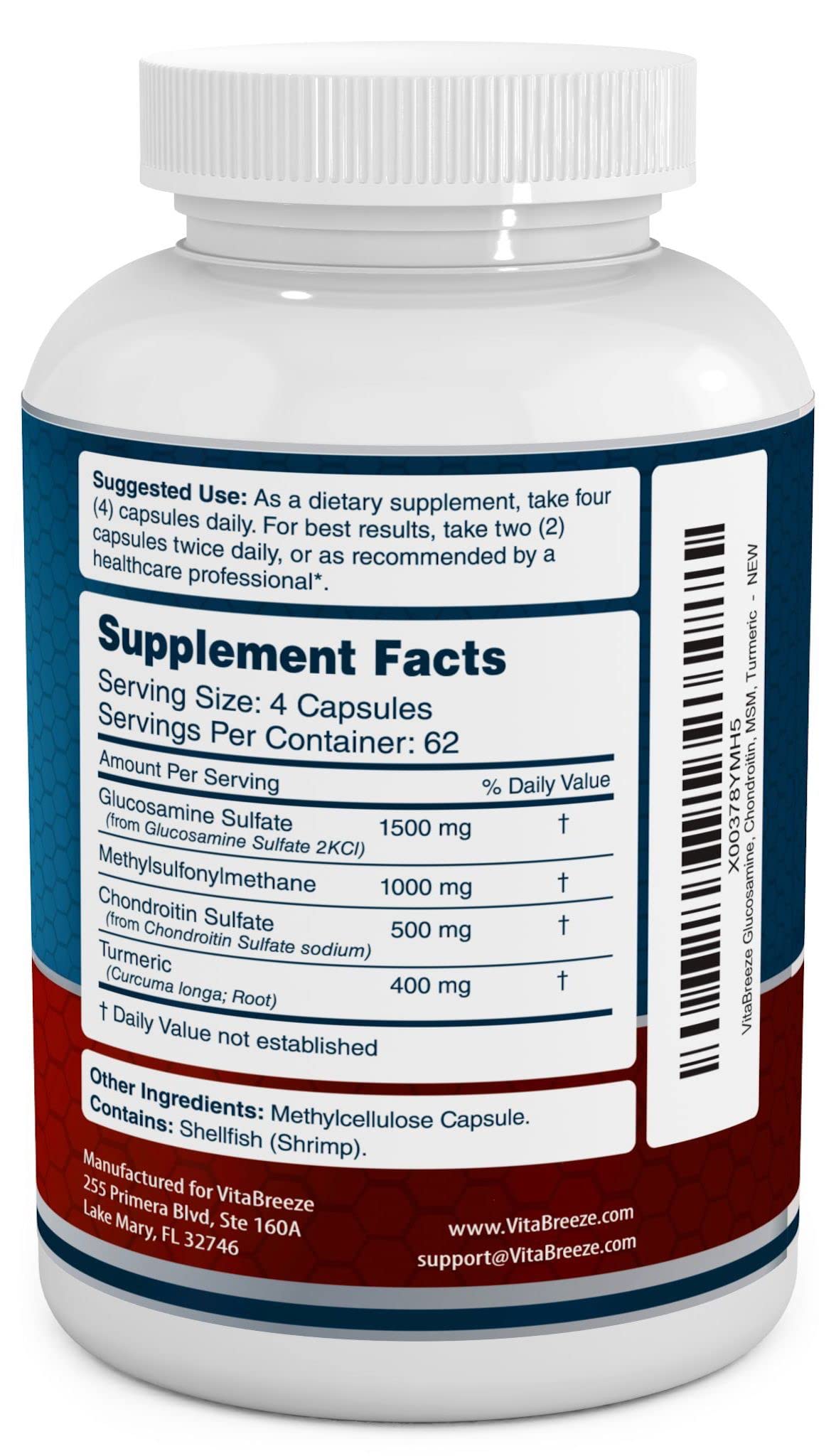 VitaBreeze Glucosamine Chondroitin, MSM & Turmeric Dietary Supplement - 248 Capsules - Maple Wellness Supplements
