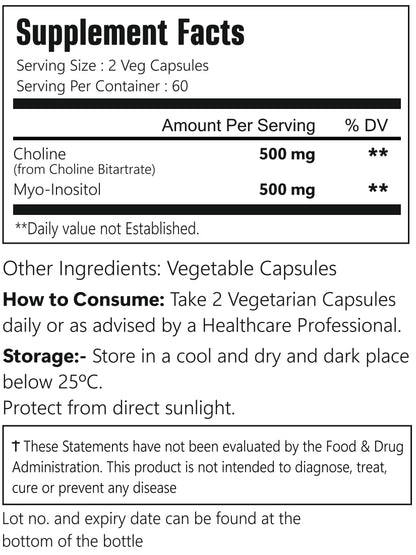 VitaCosmoX Choline and Myo-Inositol Supplement, 1000 mg Each, 120 Veggie Capsules 100% Vegetarian, Non-GMO & Gluten Free - Maple Wellness Supplements