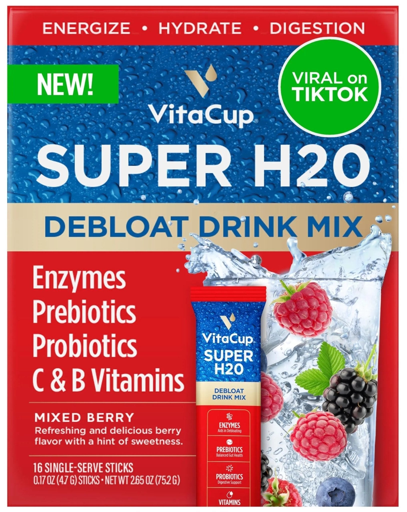 VitaCup Super H2O Bloating Relief and Digestive Health Drink Mix Packets, Probiotics, Prebiotics, C & B Vitamins, Mixed Berry Flavor Water Enhancer Packets, 16Ct - Maple Wellness Supplements